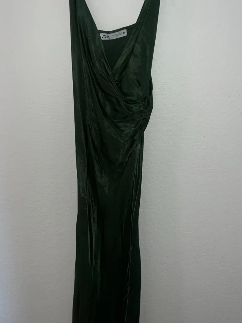Zara Emerald Green Satin Ruched Midi Dress